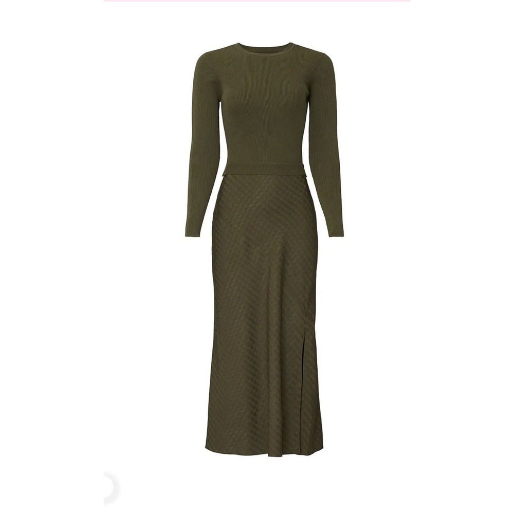 Ted Baker Joowani Dress Olive Ribbed Knit Jacquard Midi Slit Size 3 US 6